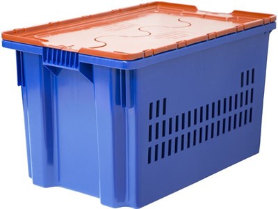 Ящик п/э 600х400х350 дно сплошное, стенки перфорированные, с оранжевой крышкой, Safe PRO цв. синий (604-1 SP) - фото 43549