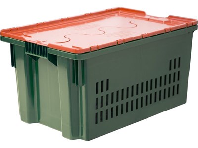 Ящик п/э 600х400х300 дно сплошное, стенки перфорированные, с оранжевой крышкой, Safe PRO цв. зелёный (602-1 SP) - фото 43553